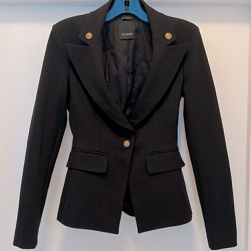 🖤 New - PINKO Scuba Gold Bronze Buttons Lightweight Stretchy Slim Blazer